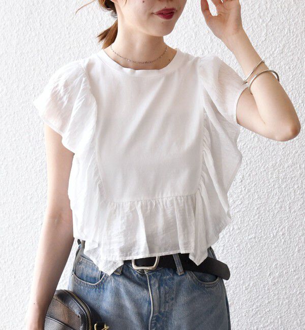 SHIPS any「SHIPS any:〈洗濯機可能〉フリル コンビ ノースリーブ TEE」|Tシャツ・カットソー|