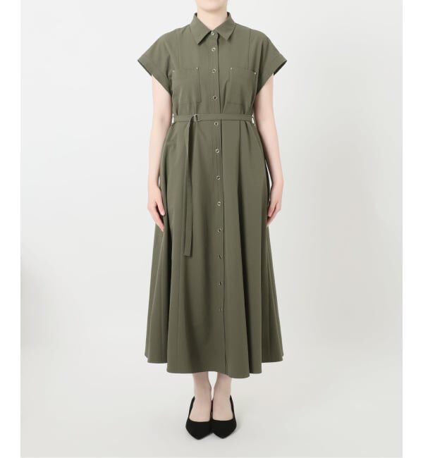  「【洗える】リベットシャツフレンチスリーブワンピース」|ワンピース|