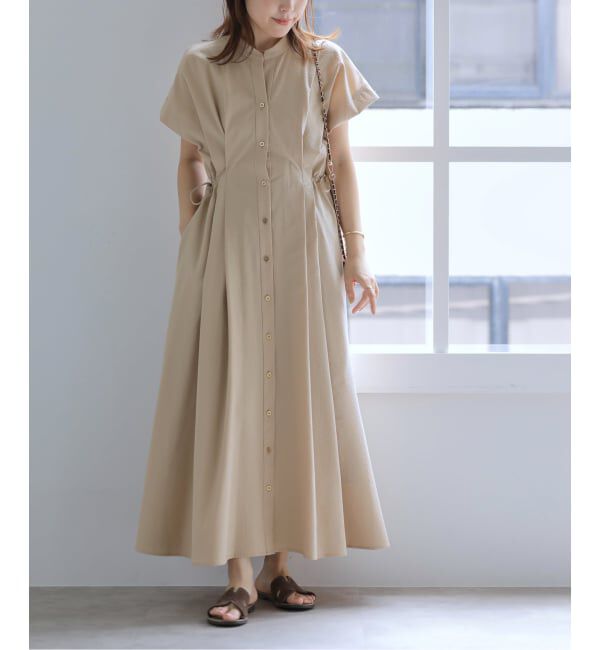  「【洗える】フレンチタックシャツワンピース」|ワンピース|ベージュ