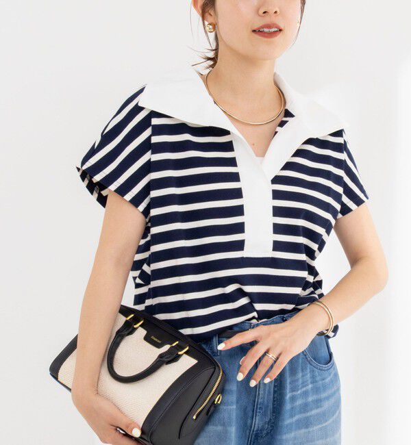 NOLLEY'S「【BECシリーズ】ウォッシャブルオープンカラーボーダーコクーンT」|Tシャツ・カットソー|ネイビー系3