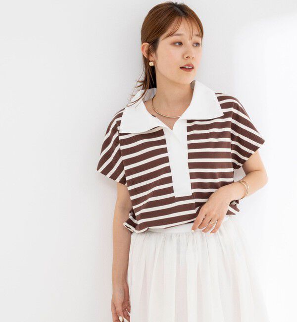 NOLLEY'S「【BECシリーズ】ウォッシャブルオープンカラーボーダーコクーンT」|Tシャツ・カットソー|