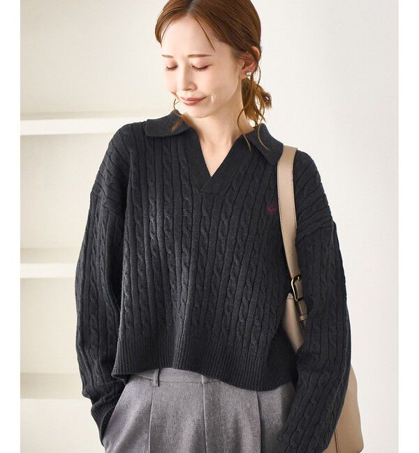 Rope&rsquo;Picnic「【BEVERLYHILLS POLO CLUB・新色追加】ケーブル編みクロップドスキッパーニット」|ニット・セーター|チャコール(06)