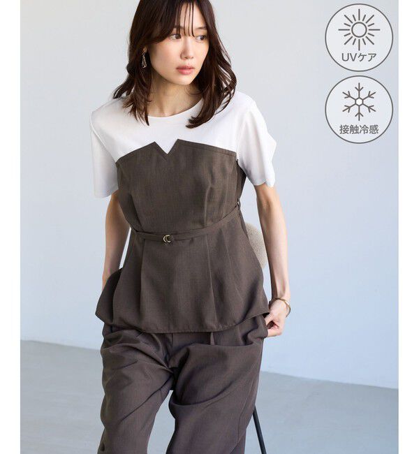 Rope&rsquo;Picnic「【ちゃんと+かわいい保証】エアリーリネンライク ドッキングカットトップス/UVケア」|Tシャツ・カットソー|ブラウン(20)