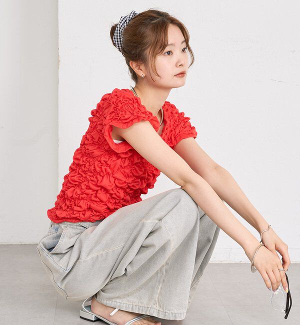  「【新色BRN】《6色展開/伸縮性あり◎》ふわふわシャーリングTシャツ」|Tシャツ・カットソー|