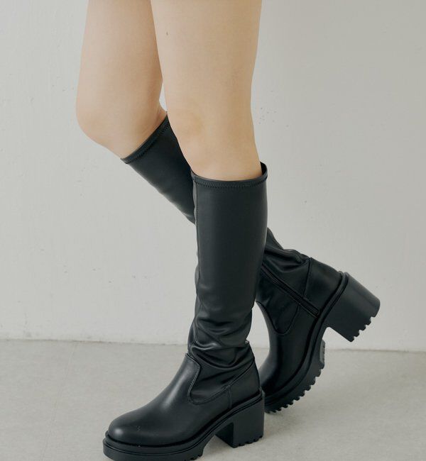  「【REVIVAL】厚底チャンキーストレッチロングブーツ」|ロングブーツ|ブラック