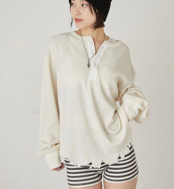  「【FromVintage】ダメージワッフルヘンリーL/STEE」|Tシャツ・カットソー|
