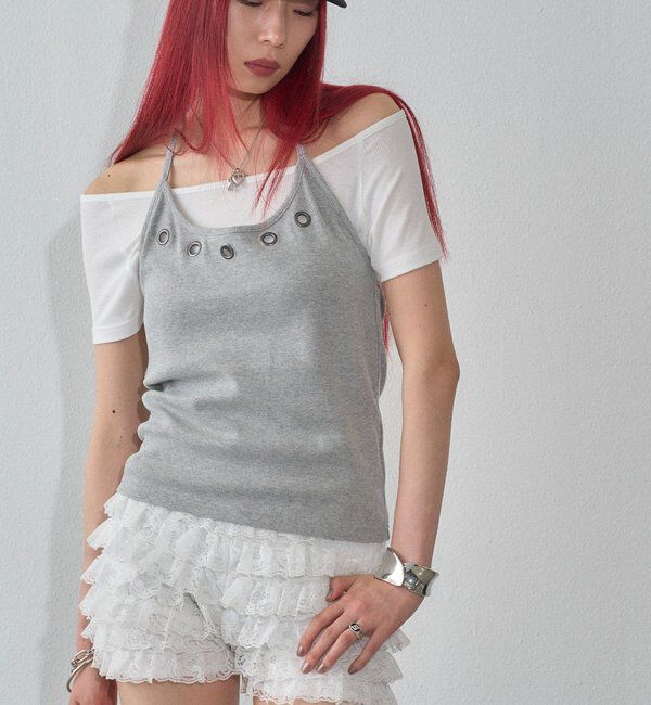  「ハトメホルターレイヤード半袖トップス（ドット/無地）」|Tシャツ・カットソー|