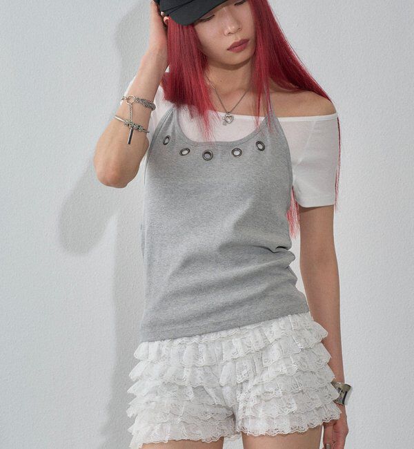  「ハトメホルターレイヤード半袖トップス（ドット/無地）」|Tシャツ・カットソー|