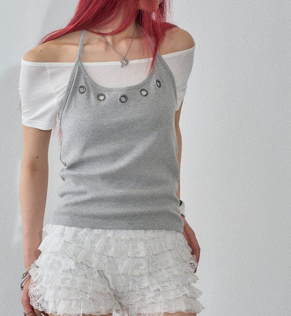  「ハトメホルターレイヤード半袖トップス（ドット/無地）」|Tシャツ・カットソー|