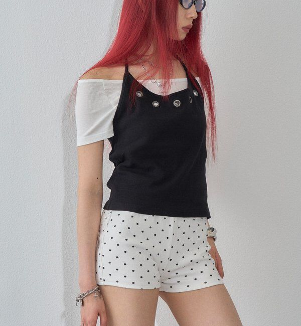  「ハトメホルターレイヤード半袖トップス（ドット/無地）」|Tシャツ・カットソー|