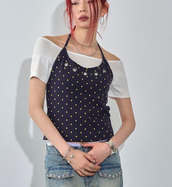  「ハトメホルターレイヤード半袖トップス（ドット/無地）」|Tシャツ・カットソー|