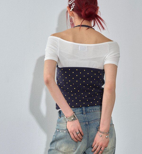  「ハトメホルターレイヤード半袖トップス（ドット/無地）」|Tシャツ・カットソー|