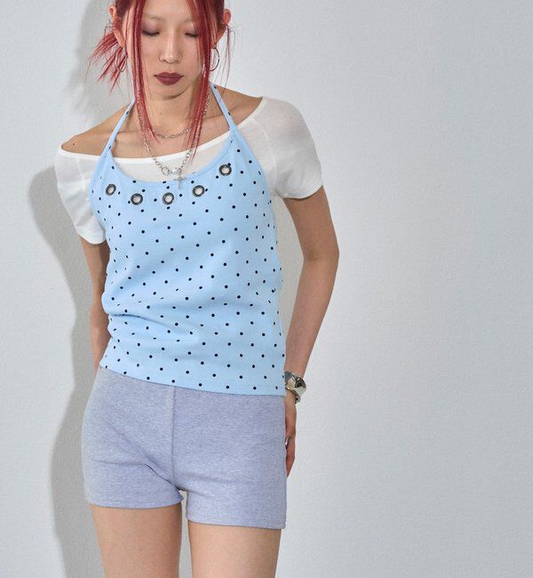  「ハトメホルターレイヤード半袖トップス（ドット/無地）」|Tシャツ・カットソー|