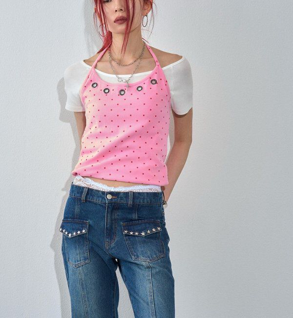  「ハトメホルターレイヤード半袖トップス（ドット/無地）」|Tシャツ・カットソー|