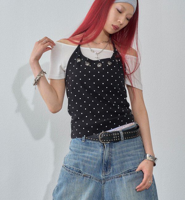  「ハトメホルターレイヤード半袖トップス（ドット/無地）」|Tシャツ・カットソー|