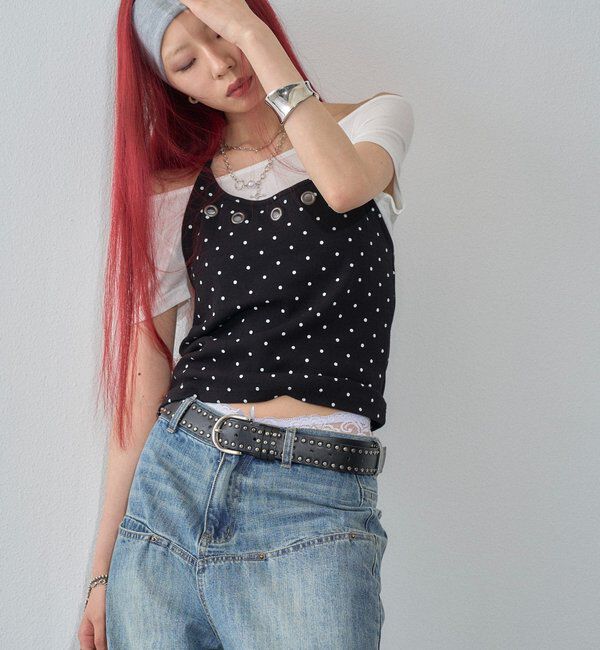  「ハトメホルターレイヤード半袖トップス（ドット/無地）」|Tシャツ・カットソー|