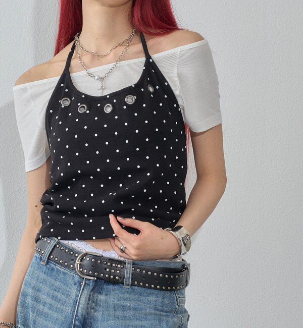  「ハトメホルターレイヤード半袖トップス（ドット/無地）」|Tシャツ・カットソー|