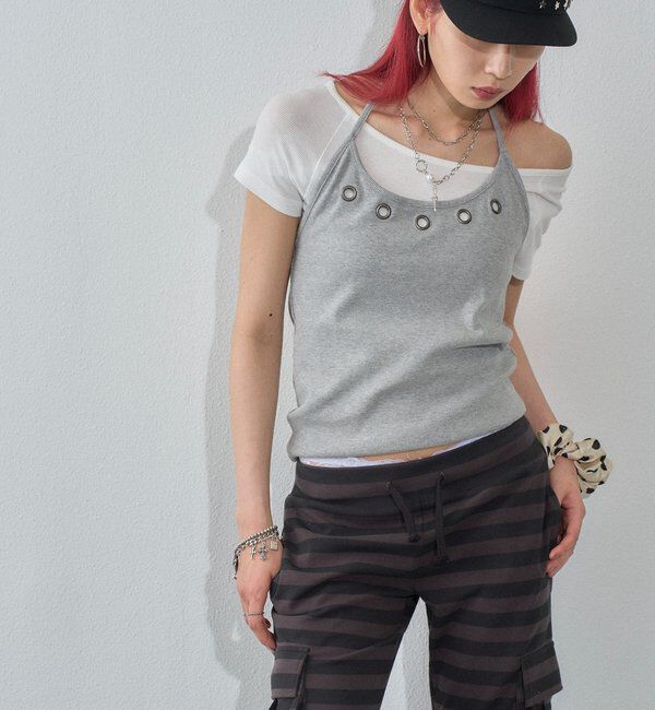  「ハトメホルターレイヤード半袖トップス（ドット/無地）」|Tシャツ・カットソー|