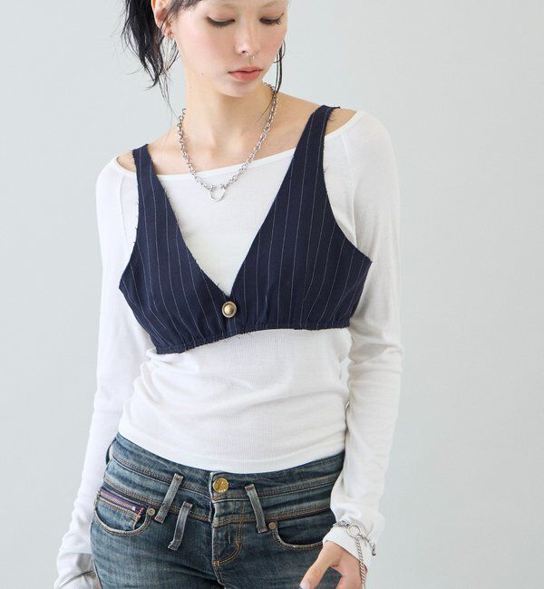  「【SixM 】 Stripe Bustier」|シャツ・ブラウス|ネイビー