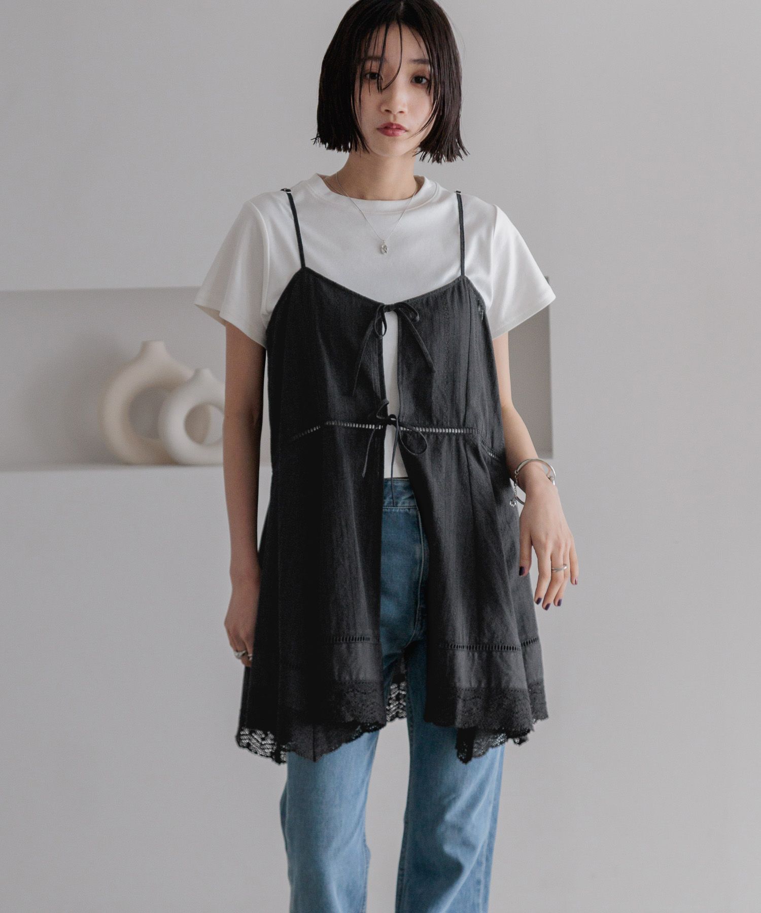LOWRYS FARM「2WAYコットンレースミニワンピース」|ワンピース|BLK