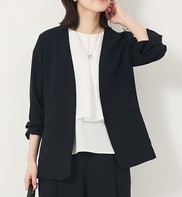 abahouse mavie「【エニデイカセット・サマー】 ジョーゼットノーカラージャケット」|ノーカラージャケット|ダークネイビー