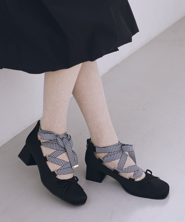Maison de FLEUR「レースアップサテンパンプス」|パンプス|ブラック