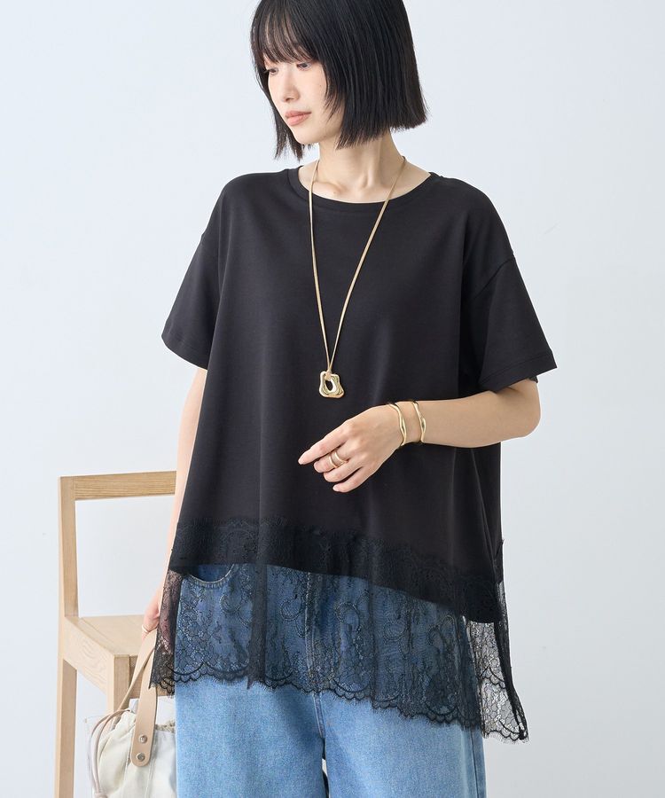 AMERICAN HOLIC「【接触冷感】裾レース半袖プルオーバー」|Tシャツ・カットソー|Black