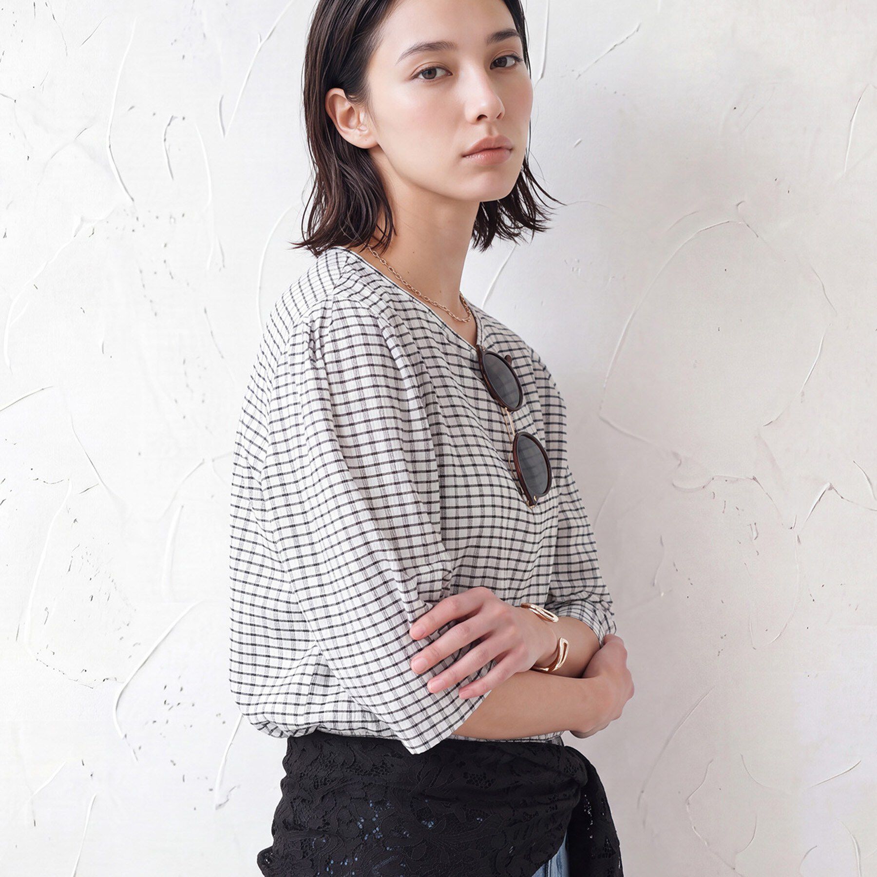 INDIVI「【UVケア／吸汗速乾】チェック柄タックボリュームスリーブトップス」|Tシャツ・カットソー|
