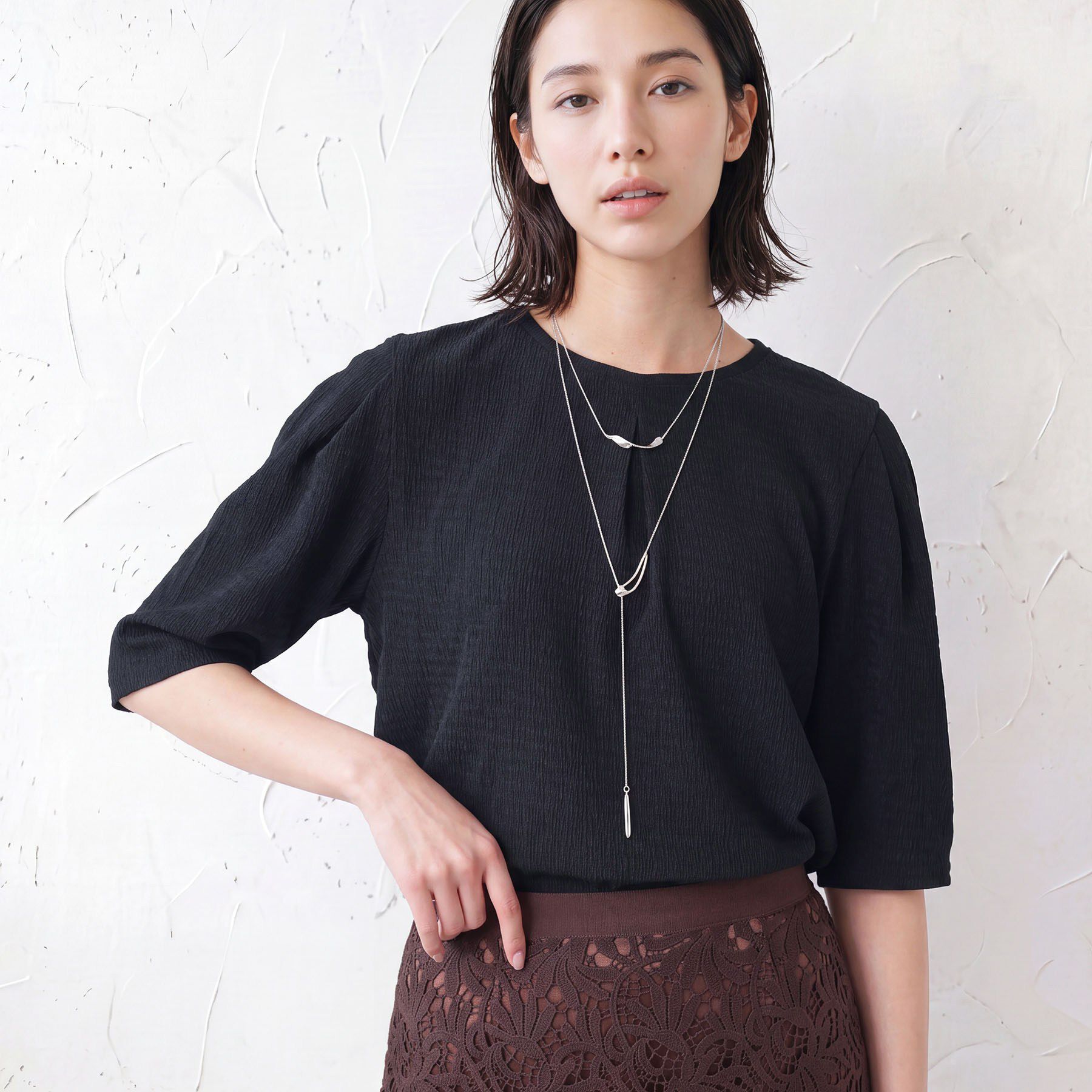 INDIVI「【UVケア／吸汗速乾】チェック柄タックボリュームスリーブトップス」|Tシャツ・カットソー|ネイビー(294)
