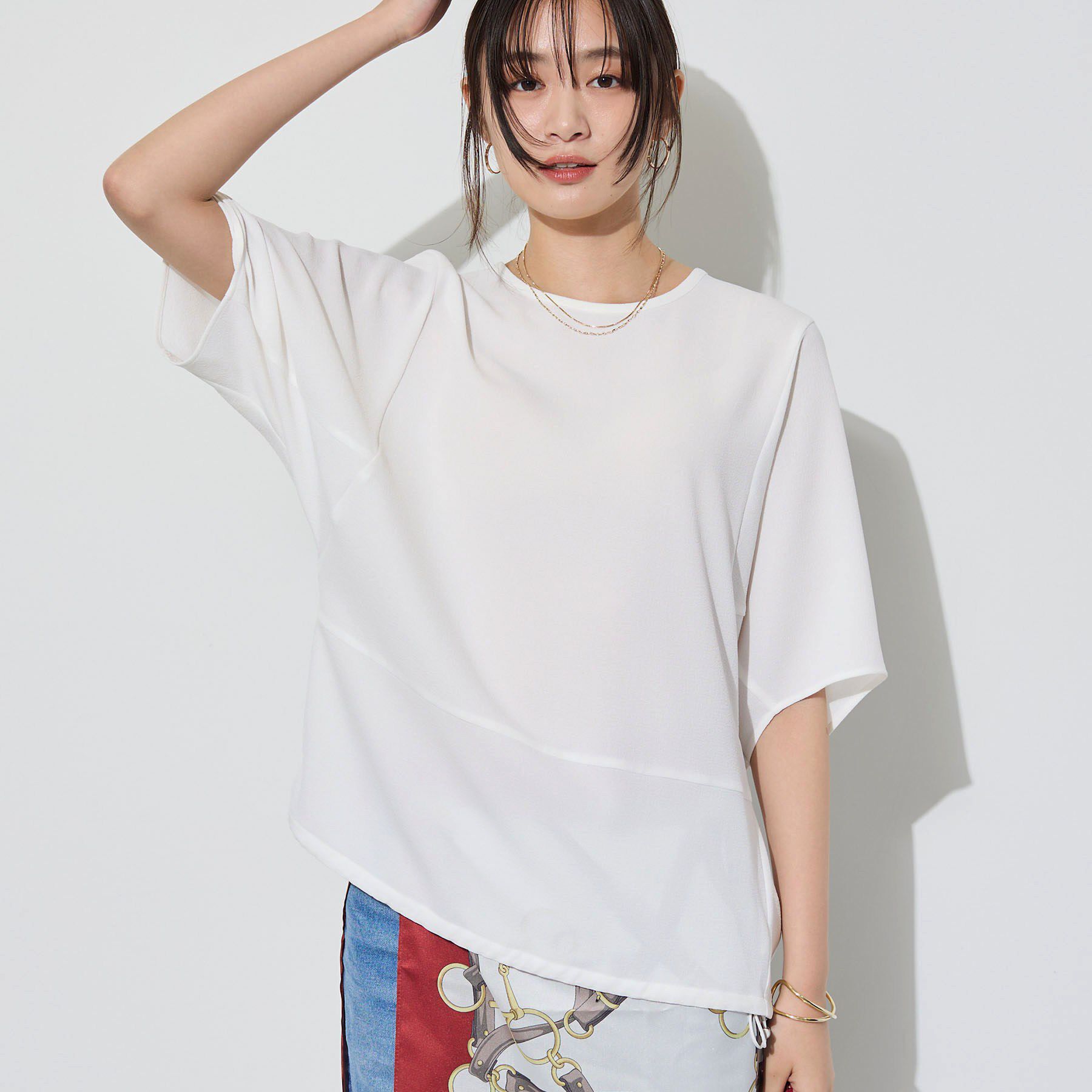 INDIVI「【洗える／2WAY／裾ドロスト付き】 ドルマンスリーブチュニックトップス」|Tシャツ・カットソー|ホワイト(001)