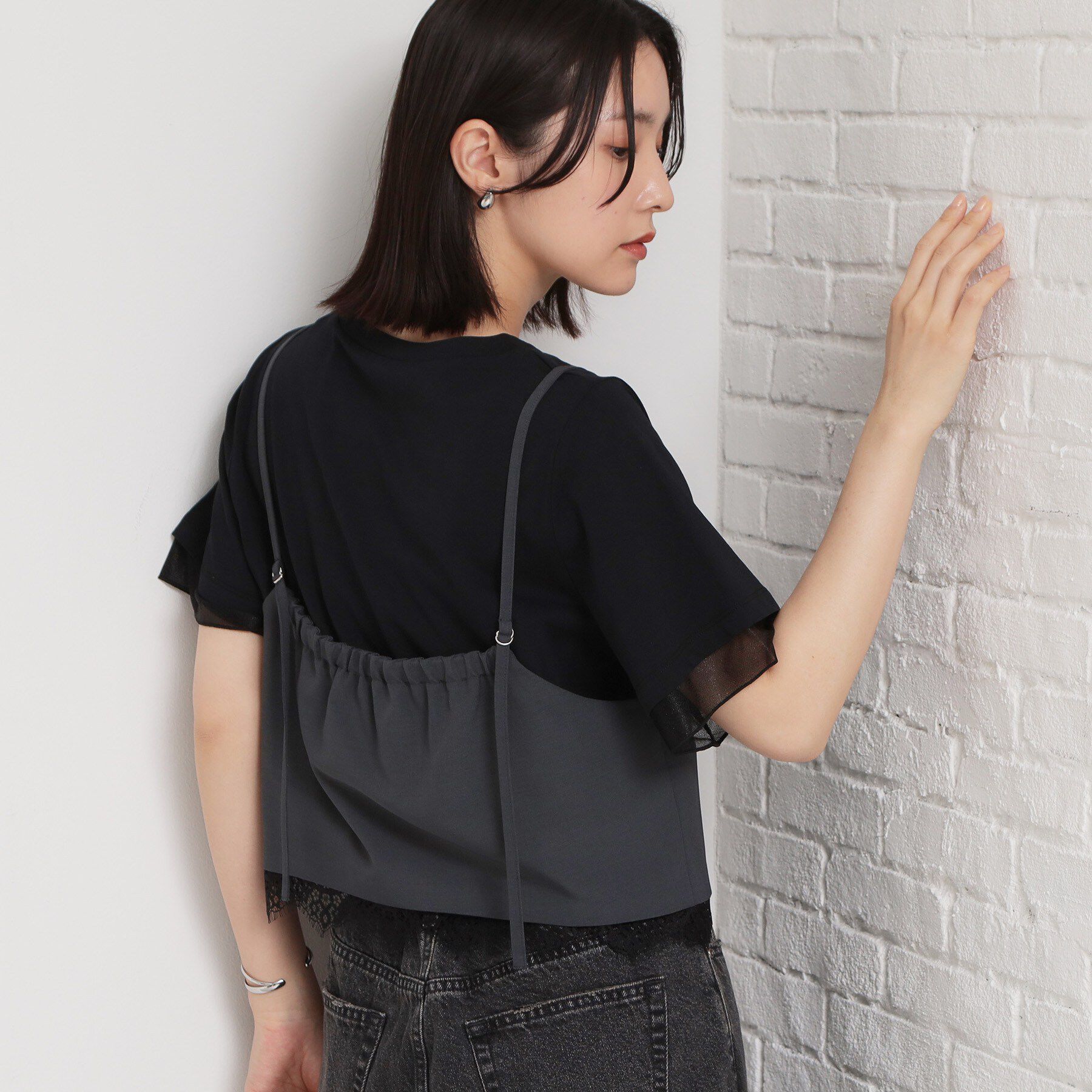 THE SHOP TK「【セットアップ可】麻調 レース切り替えキャミ」|キャミソール|