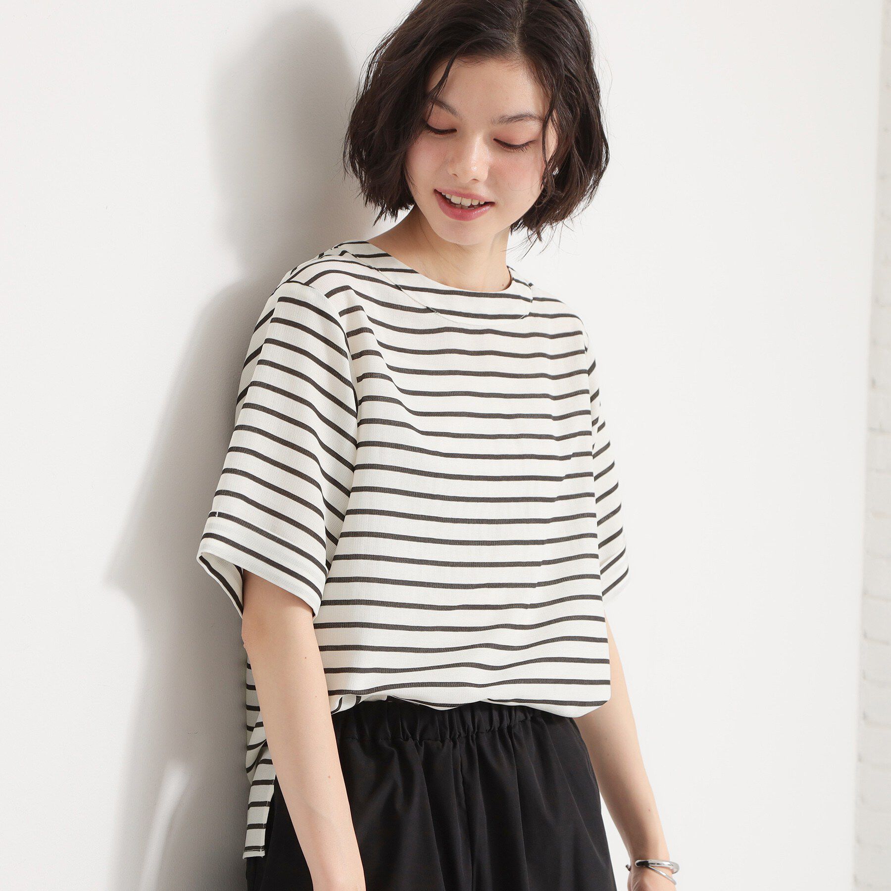THE SHOP TK「【M-XL/二の腕カバー】さらり麻調メッシュ5分袖ブラウス」|シャツ・ブラウス|