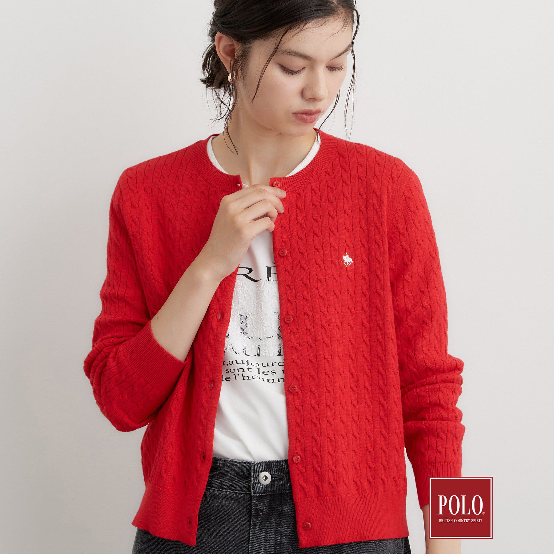 THE SHOP TK「POLO BCS/ケーブルクルーカーディガン」|カーディガン|レッド(063)