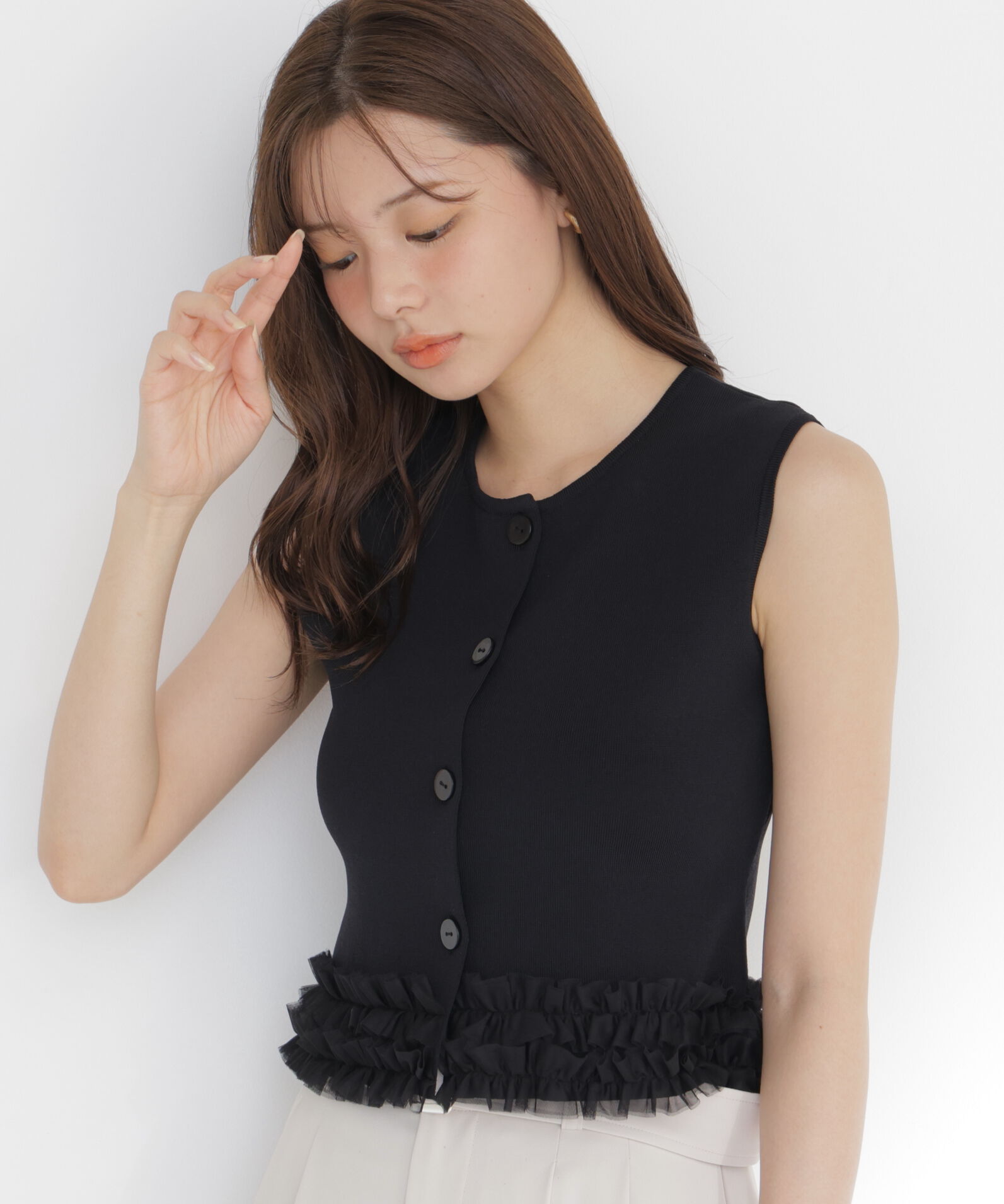 PROPORTION BODY DRESSING「＜a/mie＞ノースリーブフリルヘムニット」|カーディガン|