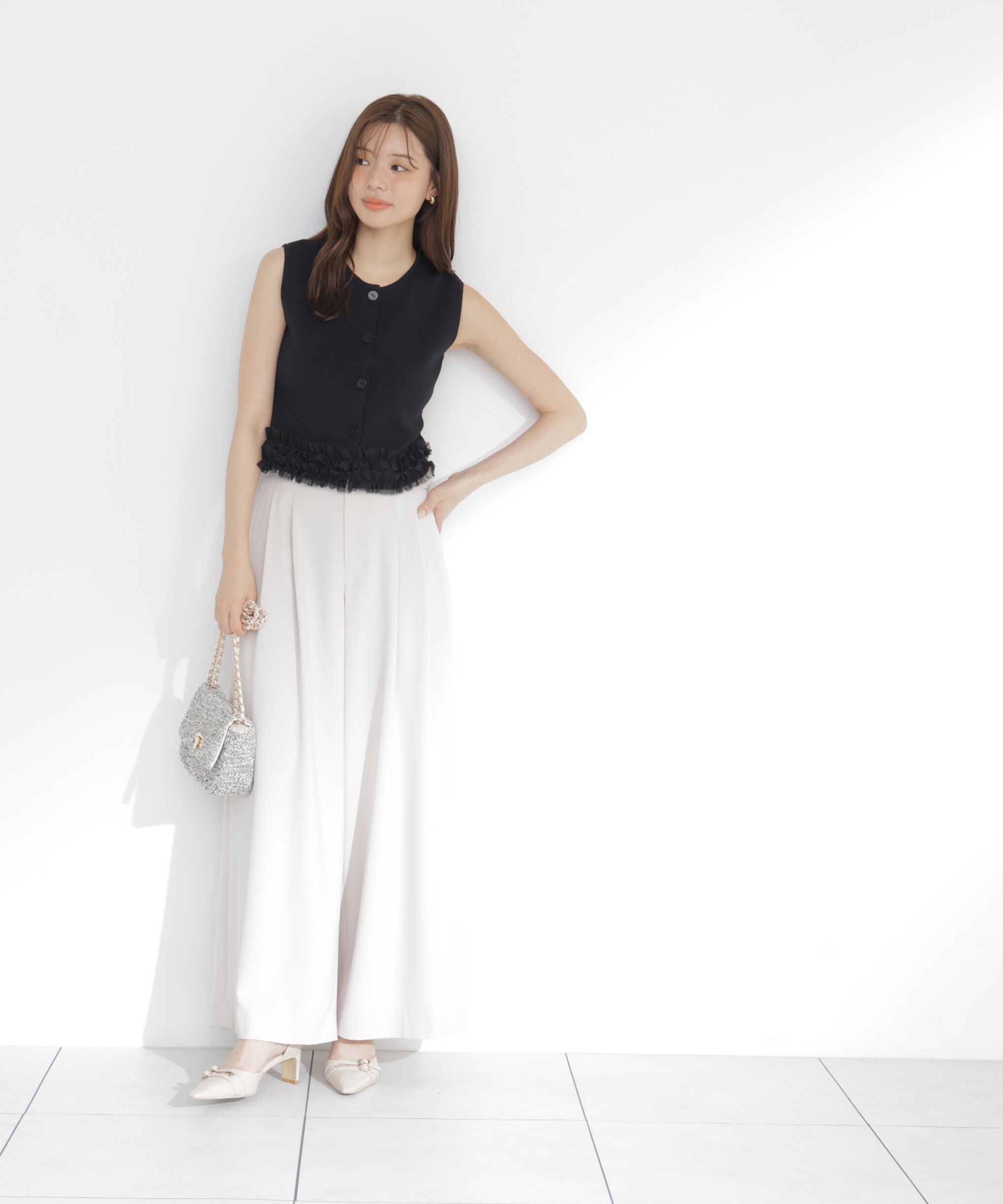 PROPORTION BODY DRESSING「＜a/mie＞ノースリーブフリルヘムニット」|カーディガン|