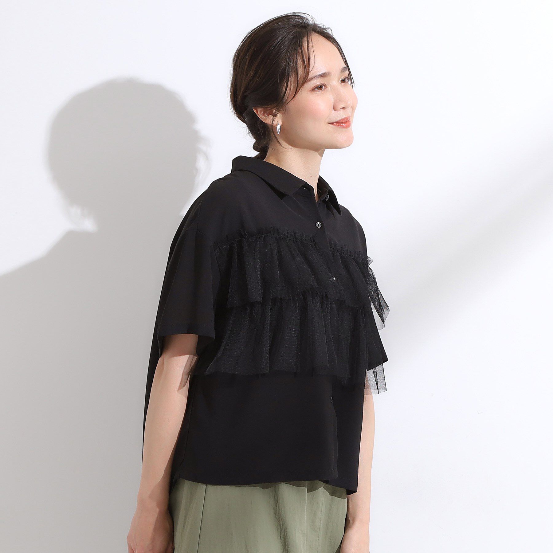 SHOO･LA･RUE「【S-LL】一枚でサマ見え チュールドッキングシャツ」|シャツ・ブラウス|