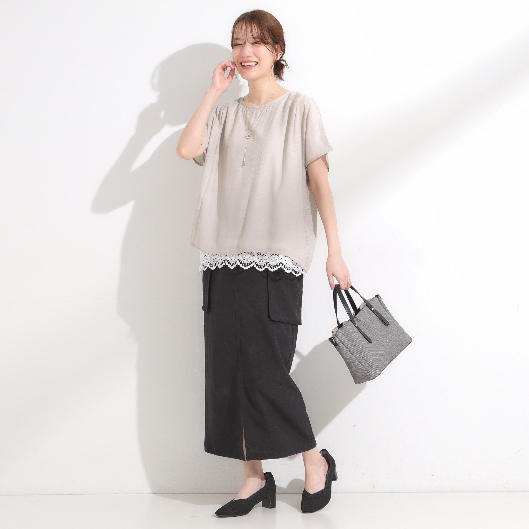 SHOO･LA･RUE「【S-LL】着るだけで簡単にコーデが決まる レースレイヤード風ドルマントップス」|Tシャツ・カットソー|