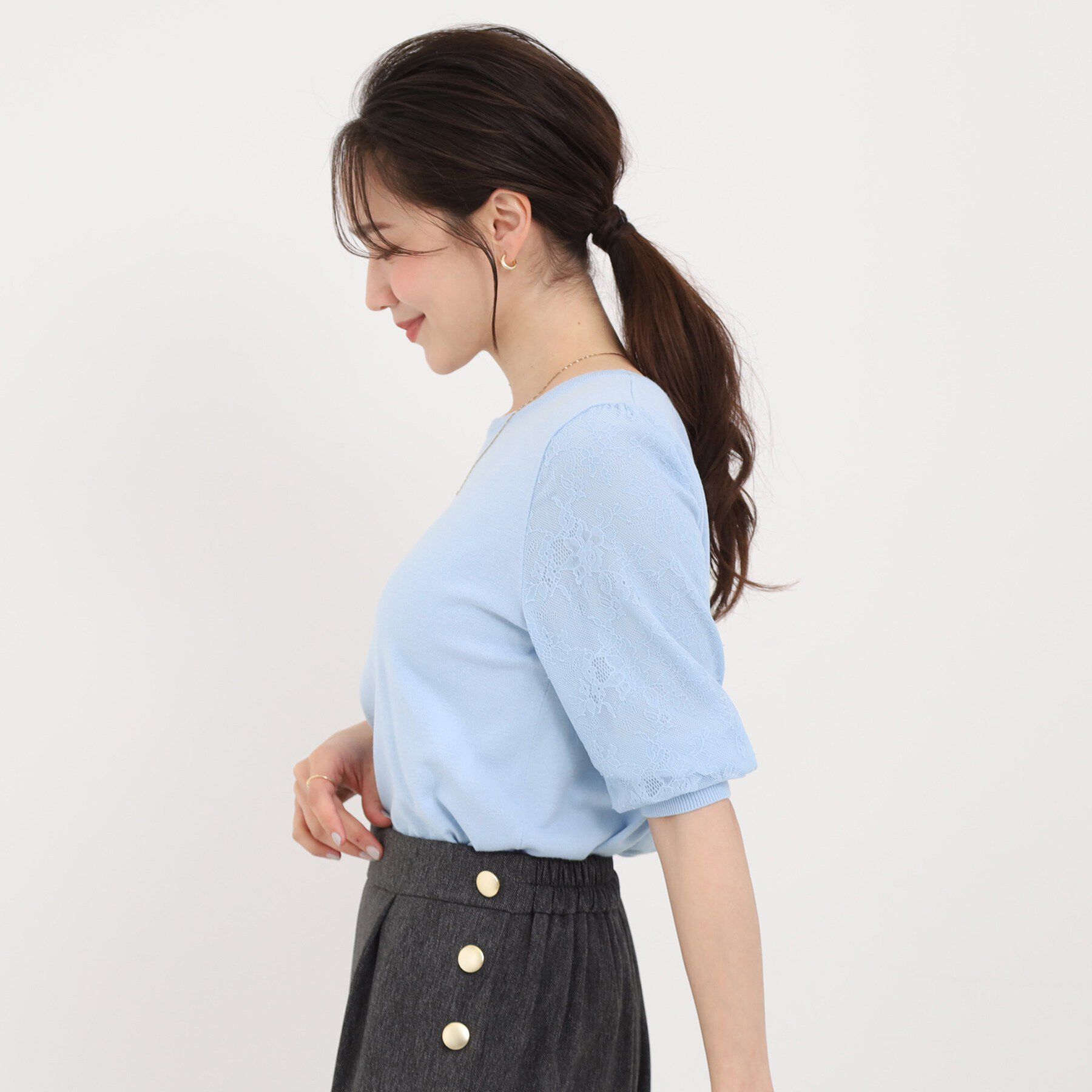 SHOO･LA･RUE「【洗濯機可/S-LL】シンプルだけど華やか レースの5分袖ニット」|ニット・セーター|