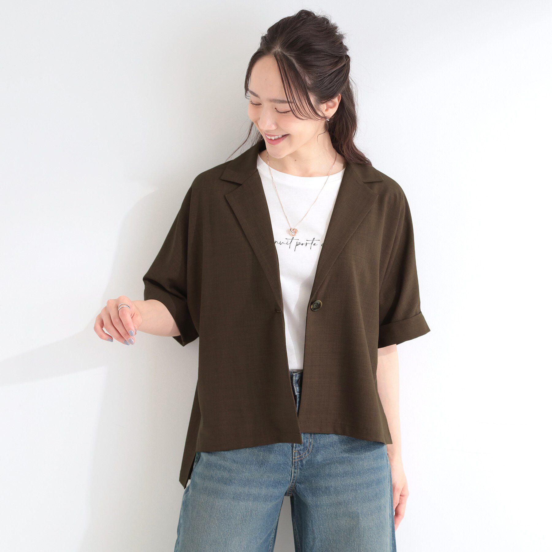 SHOO･LA･RUE「【セットアップ可/洗濯後しわになりにくい/S-LL】半袖とろみテーラードジャケット」|テーラードジャケット|