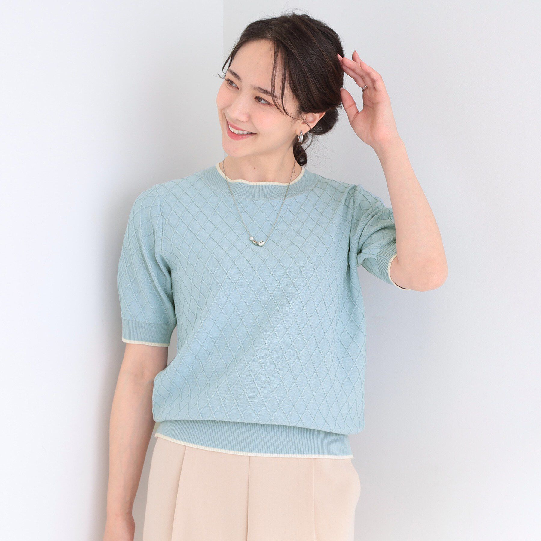 SHOO･LA･RUE「【洗濯機可/S-LL】大人上品なダイヤ編み柄 配色半袖ニット」|ニット・セーター|