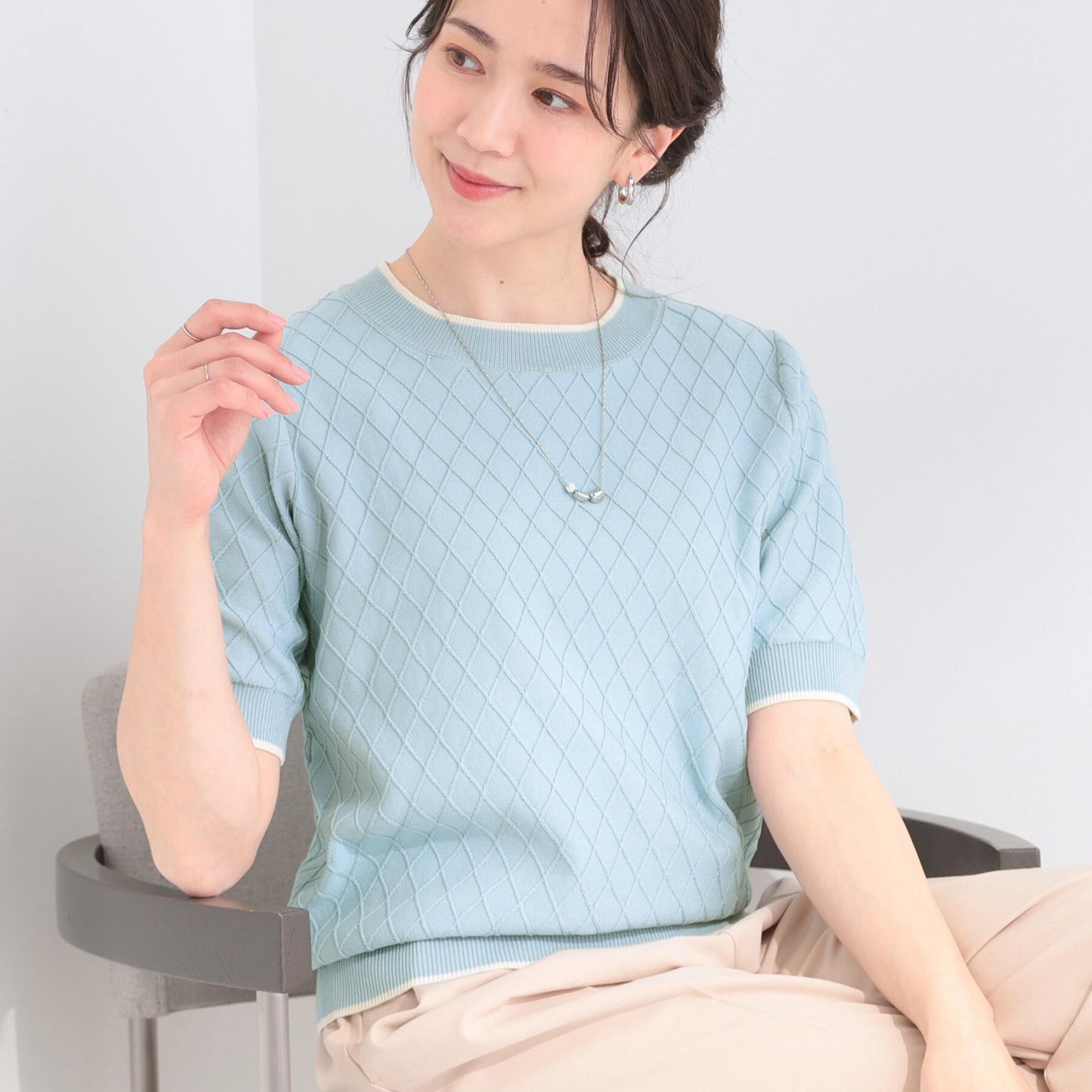 SHOO･LA･RUE「【洗濯機可/S-LL】大人上品なダイヤ編み柄 配色半袖ニット」|ニット・セーター|ブルー(091)