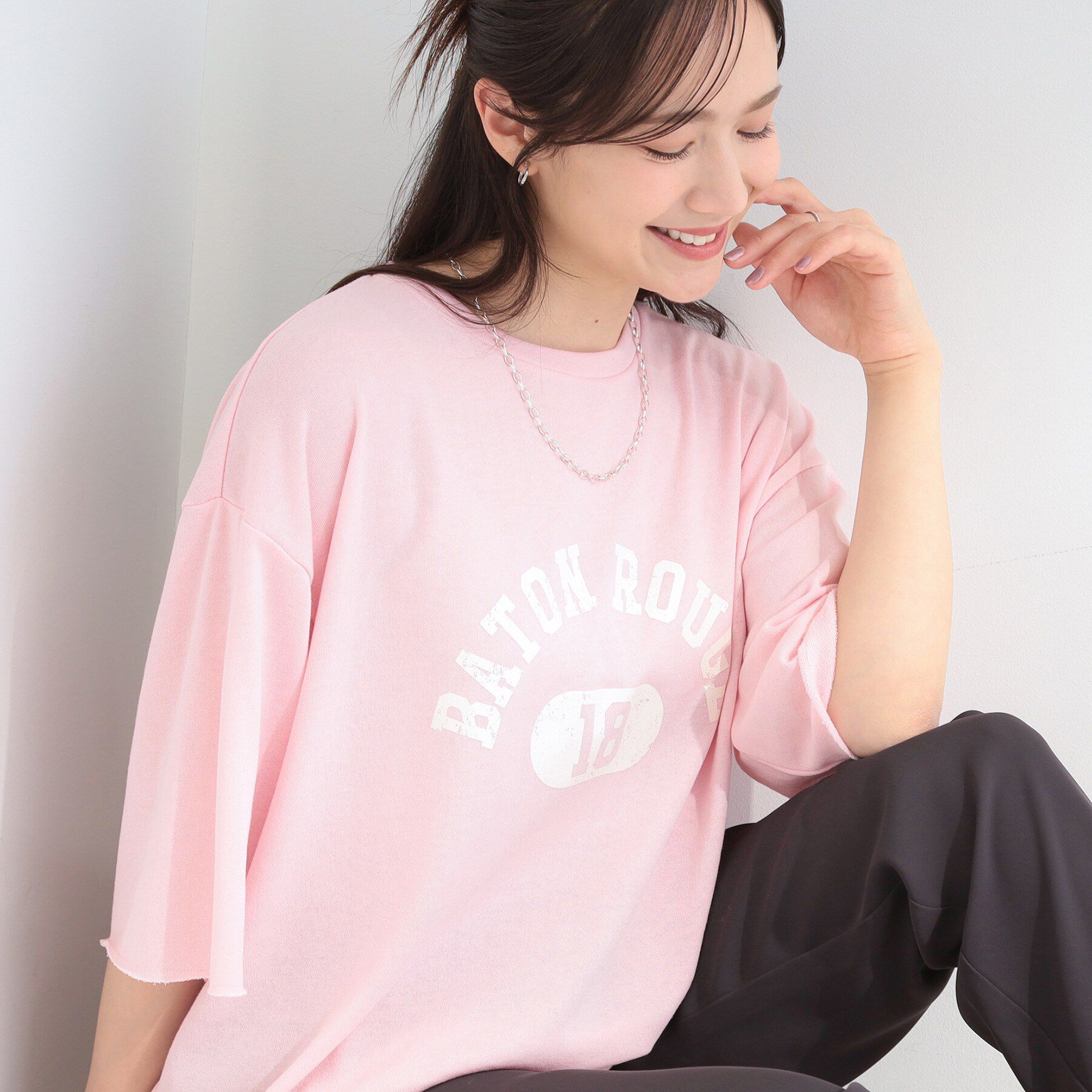 SHOO･LA･RUE「【洗濯機可/S-LL/選べる6柄】切りっぱなしお袖がこなれカジュアル 5分袖シアーTシャツ」|Tシャツ・カットソー|ライトピンク(270