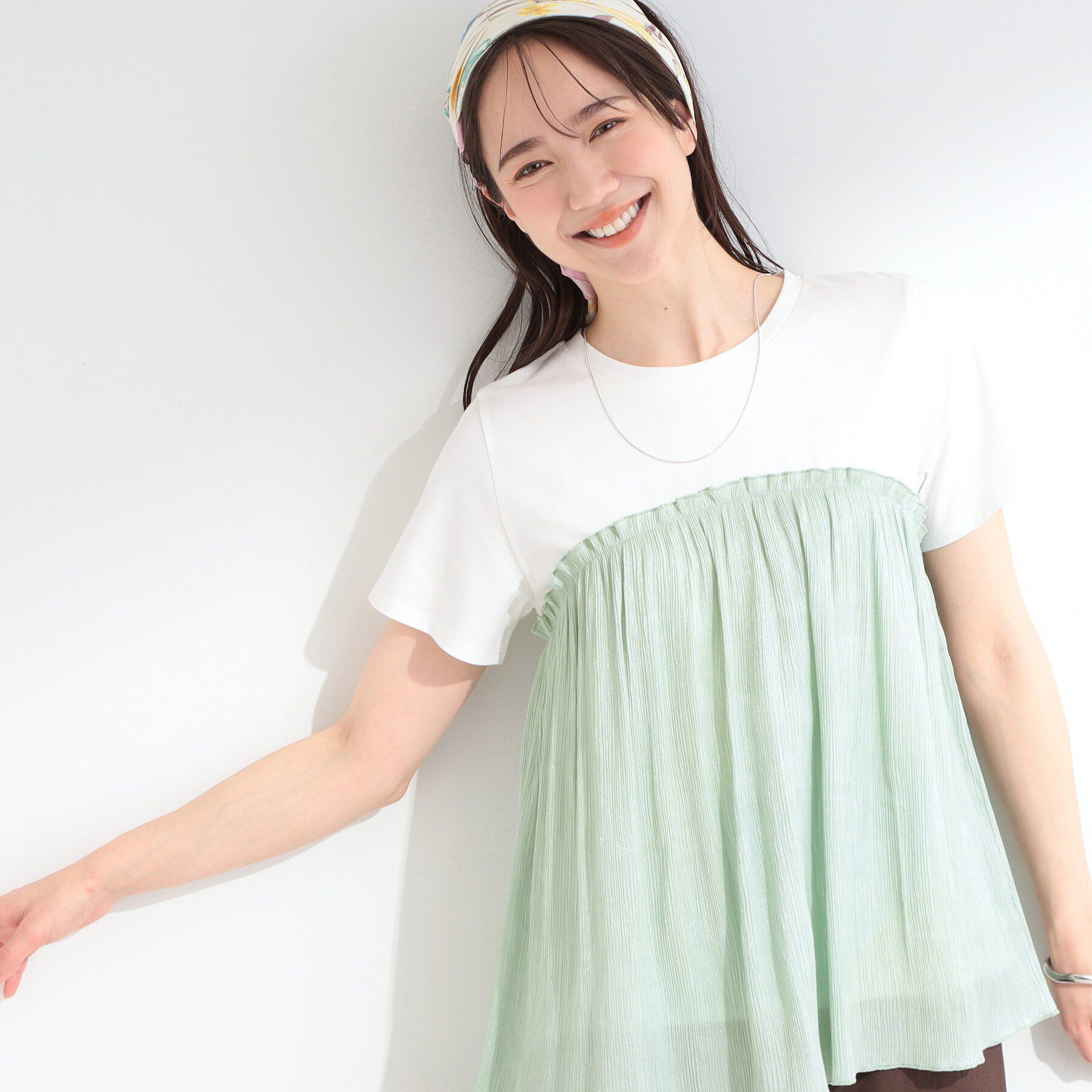 SHOO･LA･RUE「【ひんやり】1枚でインせず決まる きらきらビスチェ風Tシャツ」|Tシャツ・カットソー|ライトグリーン(02