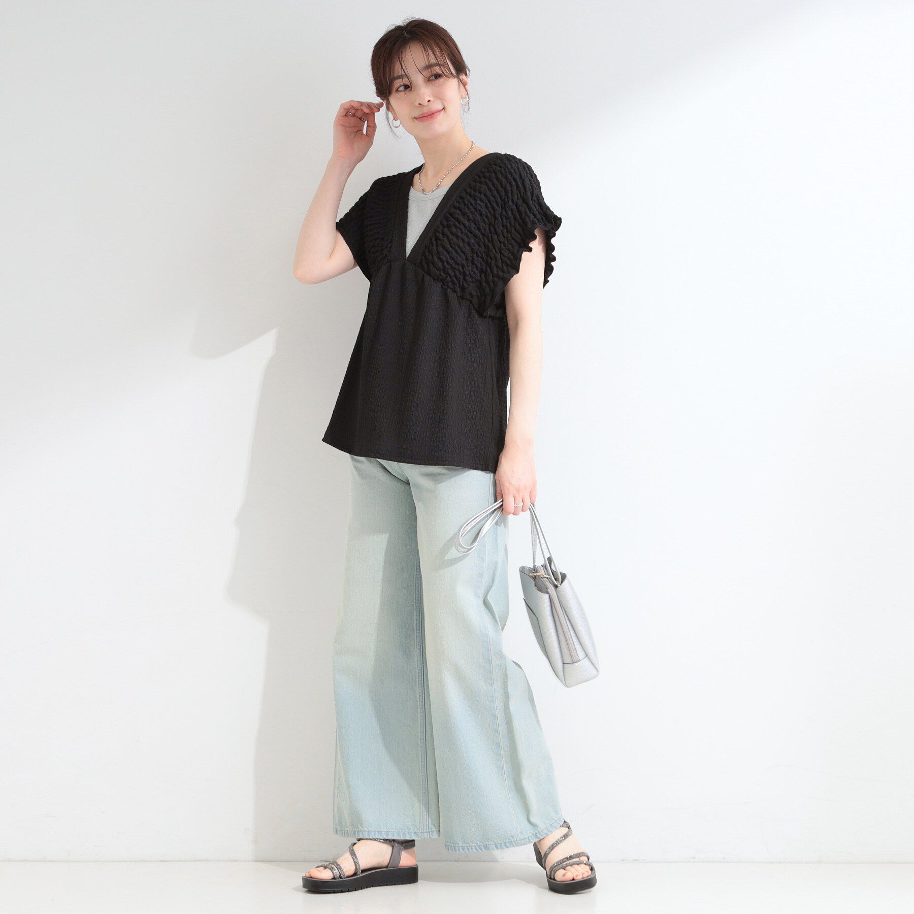 SHOO･LA･RUE「【2点セット/S-LL/洗濯機可】お袖シャーリングブラウス+ワイドパンツ」|スーツ|
