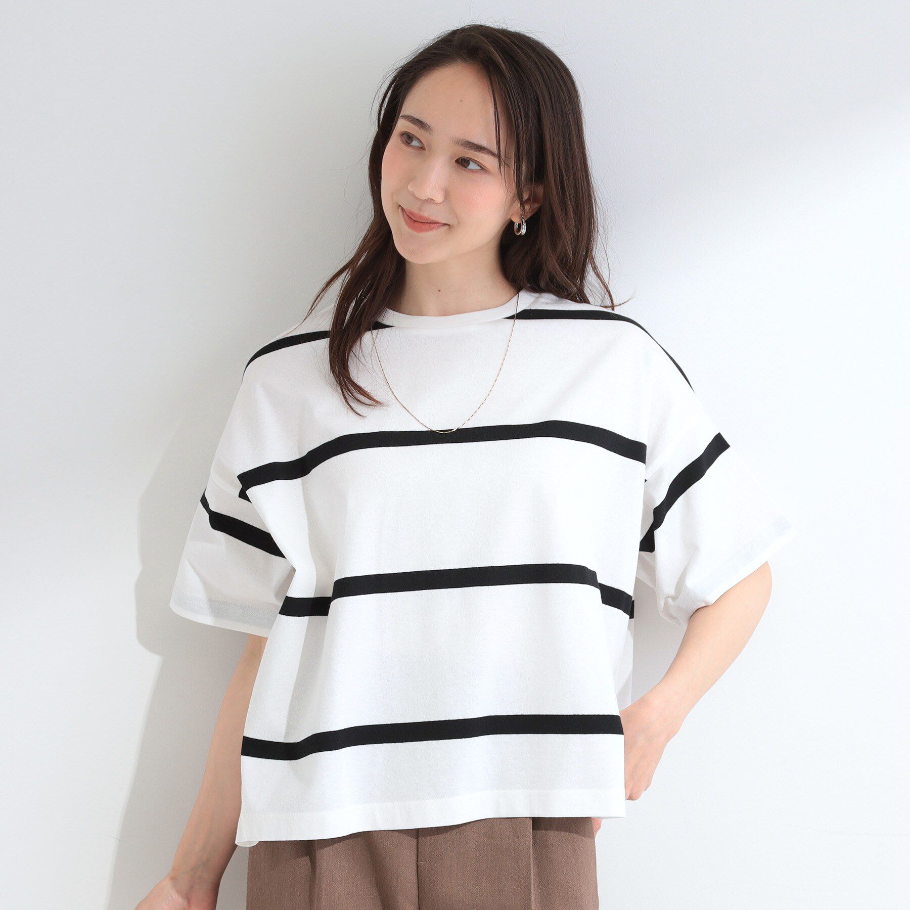SHOO･LA･RUE「【ひんやり/S-LL】涼しげで爽やか 太ボーダー斜め切り替えTシャツ」|Tシャツ・カットソー|