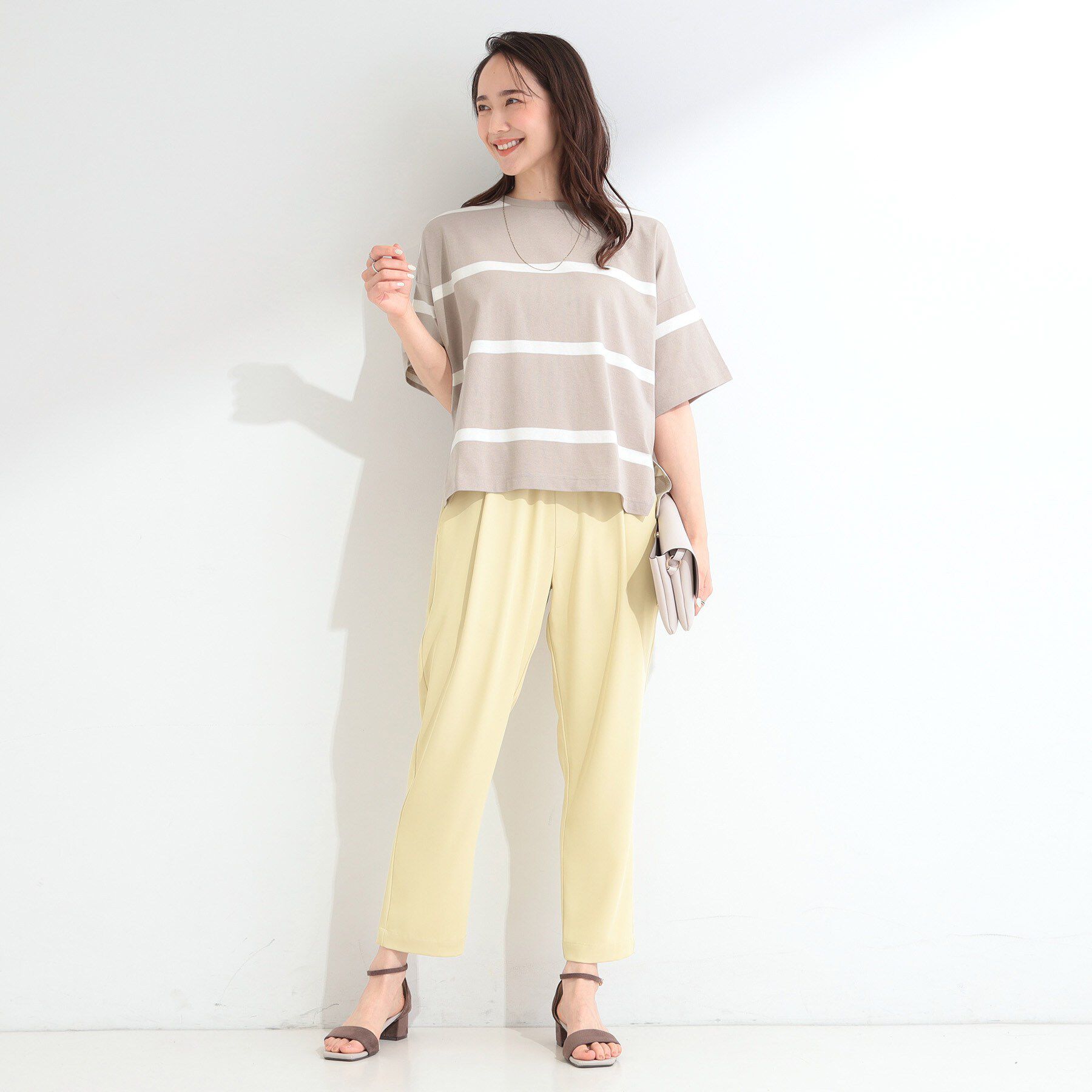 SHOO･LA･RUE「【ひんやり/S-LL】涼しげで爽やか 太ボーダー斜め切り替えTシャツ」|Tシャツ・カットソー|