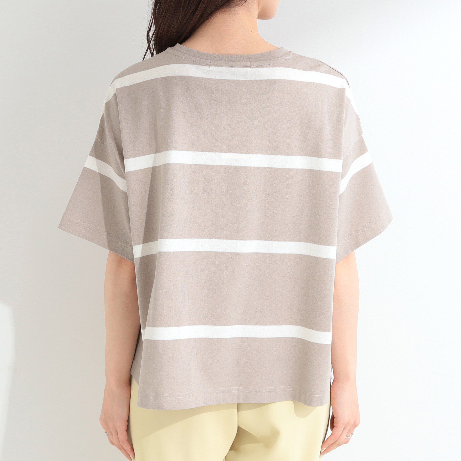 SHOO･LA･RUE「【ひんやり/S-LL】涼しげで爽やか 太ボーダー斜め切り替えTシャツ」|Tシャツ・カットソー|