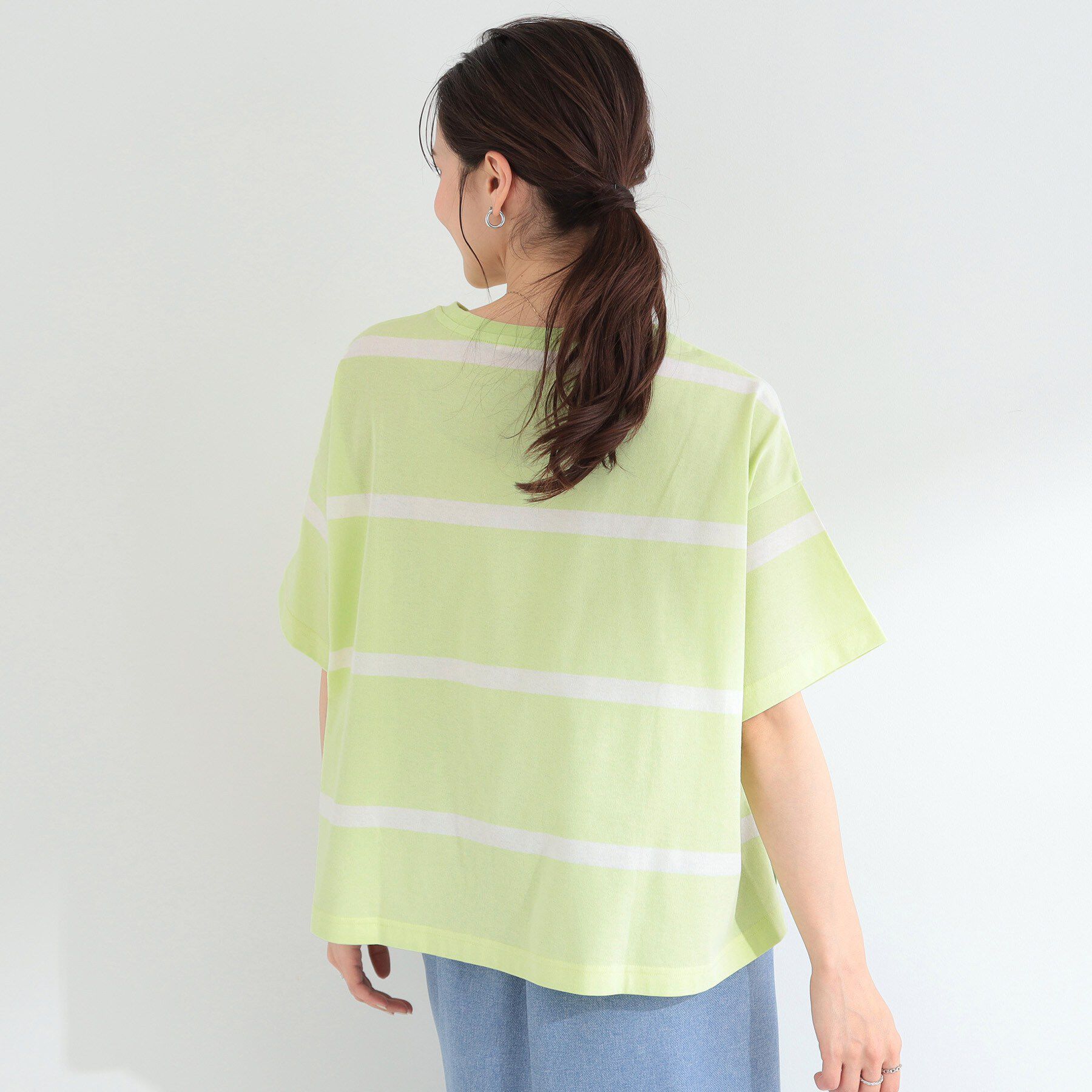 SHOO･LA･RUE「【ひんやり/S-LL】涼しげで爽やか 太ボーダー斜め切り替えTシャツ」|Tシャツ・カットソー|