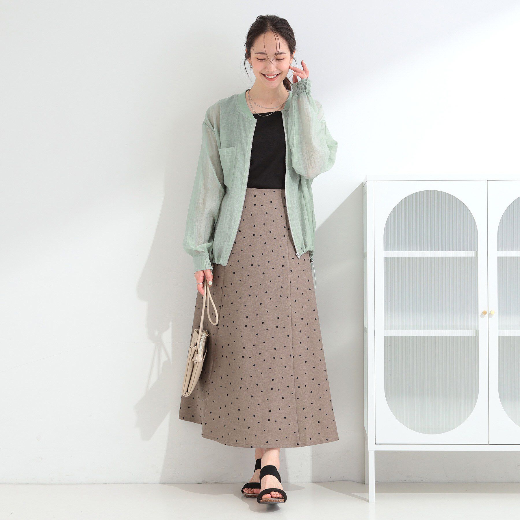 SHOO･LA･RUE「【S-LL】涼し気な ドット柄 麻調フレアスカート」|スカート|