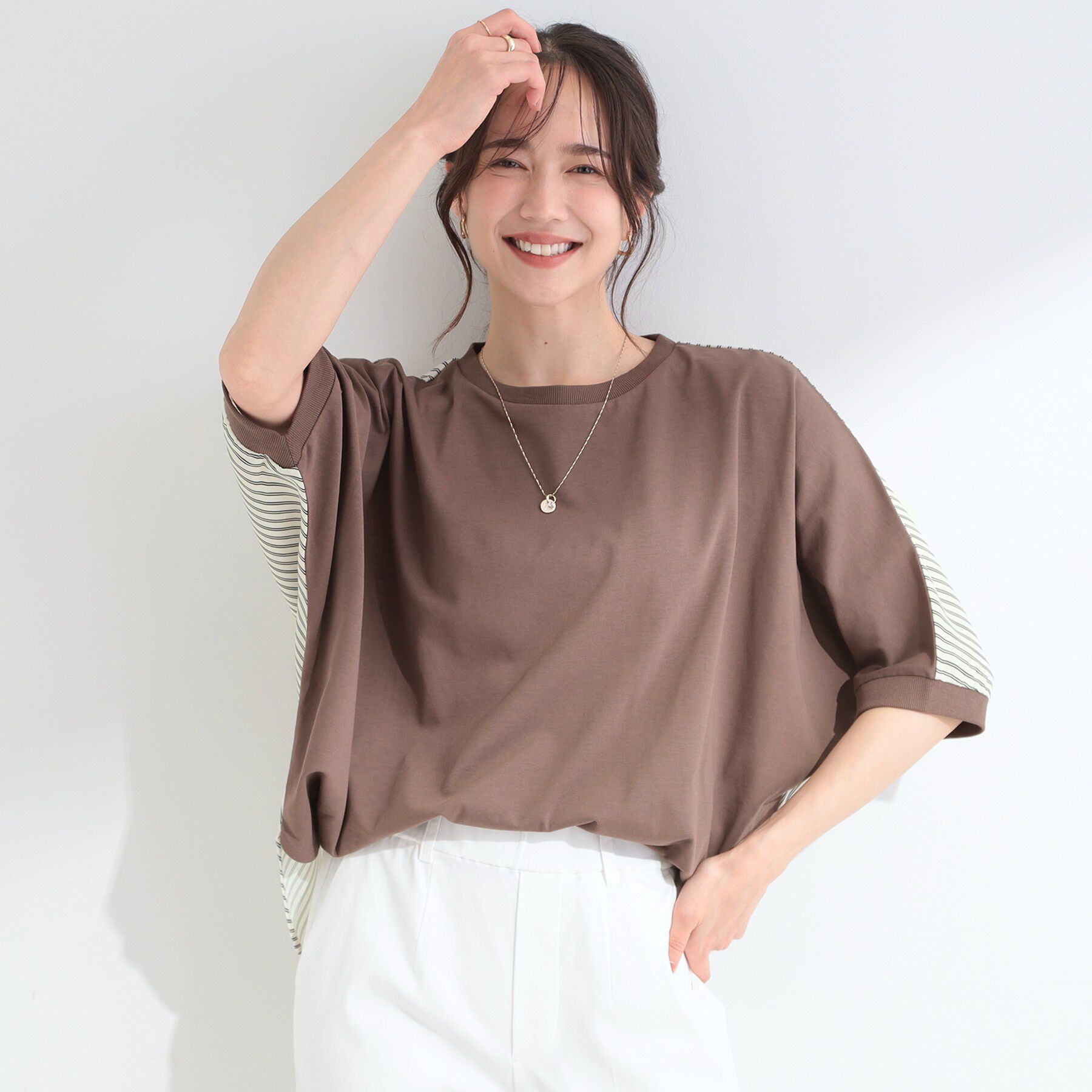 SHOO･LA･RUE「【ひんやり/体型カバー/洗濯機可】二の腕隠れる 前後切替ドルマンTシャツ」|Tシャツ・カットソー|